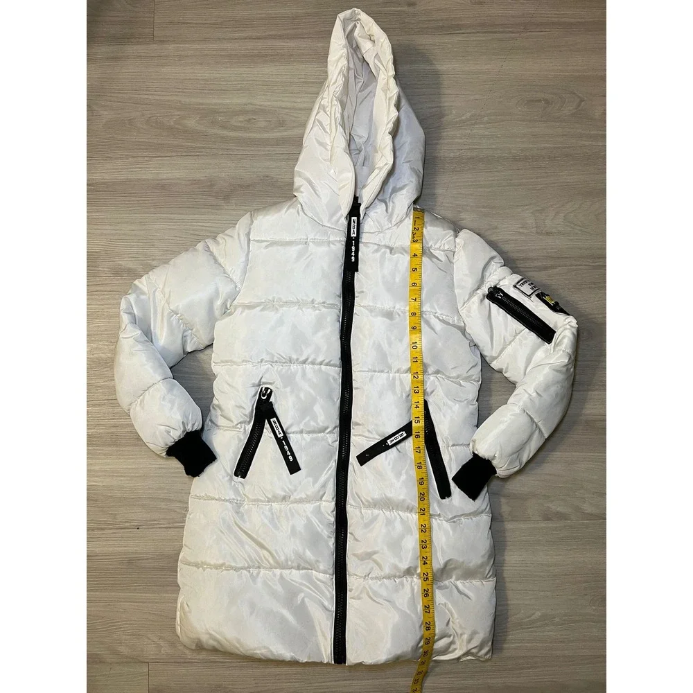 YYACHU Long Puffer Coat Womens M White Hooded Quilted Zip Front Winter Jacket